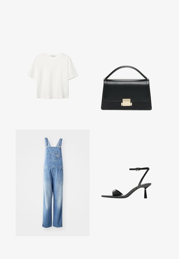 Vit t-shirt med kort ärm i bomull. Har en rundad halsringning och en avslappnad passform. Slät textur utan synliga mönster eller detaljer.; Denimbyxor i ljusblått med justerbara axelremmar, stor framficka och vida ben. Tyget visar en gradienttvättseffekt och små slitage detaljer.; Bershka Sandaletter - black; Svart läderhandväska med en strukturerad design, handtag upptill och en detalj i guldmetalllås på framsidan. Slät yta, minimal sömnad.