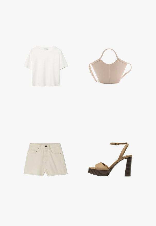 Bijela majica kratkih rukava od pamuka. Ima okrugli izrez i opušteni kroj. Glatka tekstura bez vidljivih uzoraka ili naglasaka.; Denim šortsevi u boji slonovače s razderanim rubom, pet džepova i metalnim detaljima. Imaju klasičnu struk i opušteni kroj.; Beige suedirane sandale s visokim potpeticama, širokom prednjom trakom i trakicom oko gležnja, s debelom drvenom blok-potpeticom s teksturiranim završetkom.; Bež kožna torba jedinstvenog oblika, s dva kratka ručka i dugom podesivom trakom. Glatka tekstura s minimalnim metalnim dodacima.