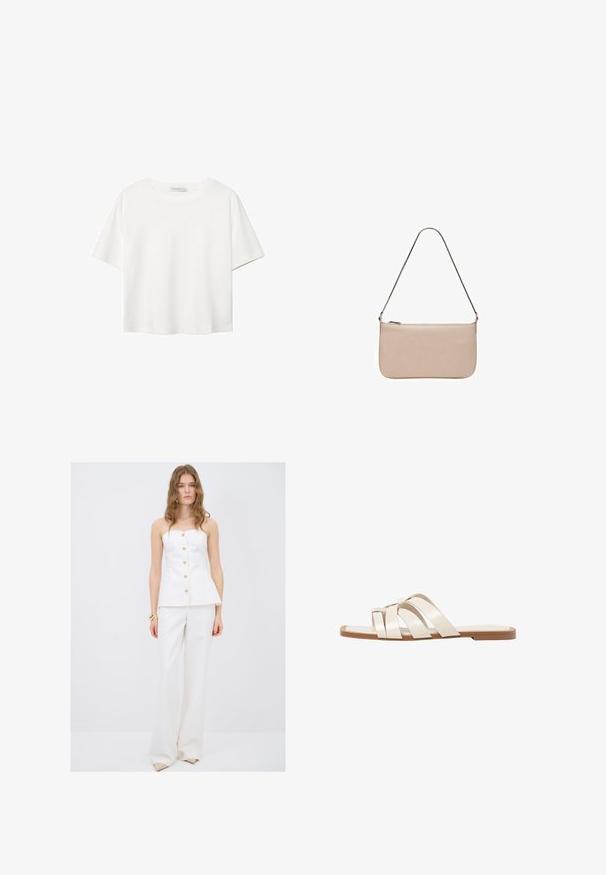 Bílý krátký rukáv tričko vyrobené z bavlny. Má kulatý výstřih a volný střih. Hladký materiál bez viditelných vzorů nebo akcentů.; Bílý peplum top s zlatými knoflíky, doplněný bílými kalhotami s širokými nohavicemi. Hladký materiál, bezramenný design a minimalistické akcenty.; Ploché sandály s hnědou gumovou podrážkou, navržené se třemi překrývajícími se bílými koženými řemínky a malým mašlí uprostřed.; Béžová obdélníková taška s hladkým povrchem, stříbrným řetízkovým popruhem a zipovým uzávěrem na vrchu. Jednoduchý, minimalistický design.