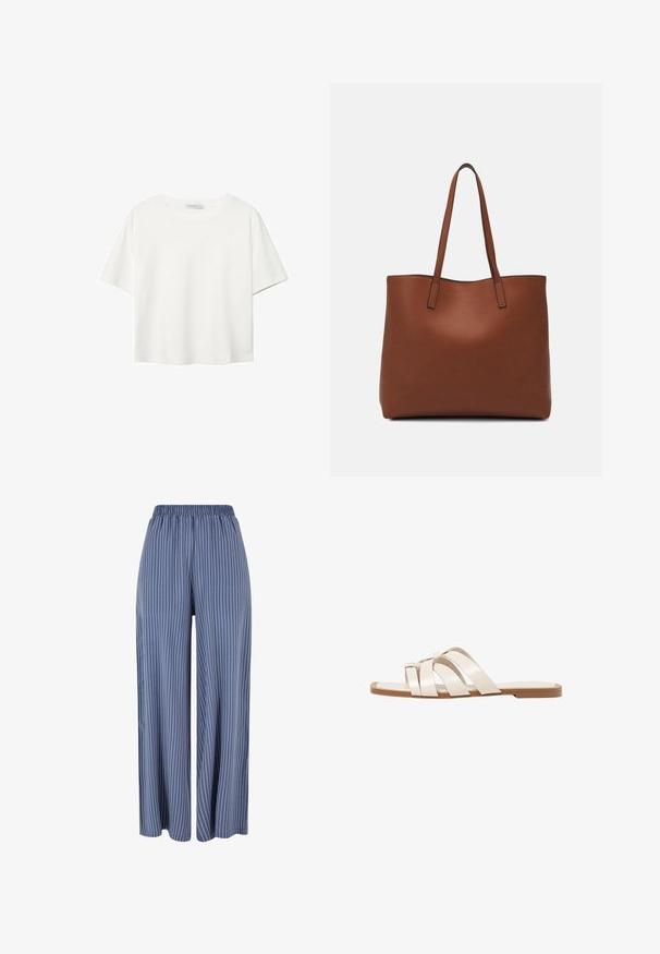 Bijela majica kratkih rukava od pamuka. Ima okrugli izrez i opušteni kroj. Glatka tekstura bez vidljivih uzoraka ili naglasaka.; Plave široke hlače s bijelim vertikalnim prugama i elastičnim pojasom, prikazane na bijeloj pozadini.; Ravne sandale s smeškom od gume, dizajnirane s tri preklapajuće bele kožne trake i malim detaljem mašne u sredini.; Smeđa kožna torba preko ramena s glatkom teksturom, otvorenim vrhom i dvjema naramenicama. Ima minimalne šavove i nema vidljivog hardvera.