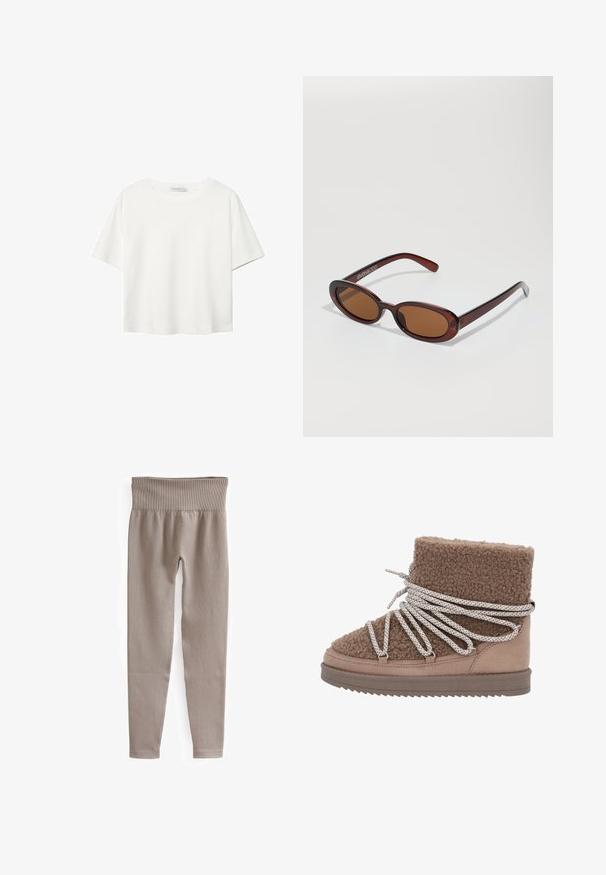 Vit t-shirt med kort ärm i bomull. Har en rundad halsringning och en avslappnad passform. Slät textur utan synliga mönster eller detaljer.; Beige ribbade leggings med bred midja, avsmalnande ben och en mjuk textur, designade för komfort och flexibilitet.; Brun fårskinnsankelkänga med en texturerad ovandel och kontrasterande slät mockapanel. Har breda, mönstrade snören och en platt sula.; Runda, bruntonade solglasögon med en glansig bordeauxfärgad ram. Smala bågar med subtilt varumärkesdetalj. Platt linsdesign.