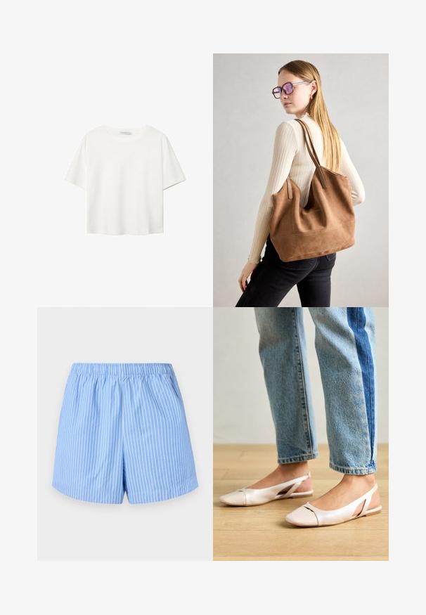 Bela kratka majica s kratkimi rokavi iz bombaža. Ima okroglo izrezovanje in sproščen kroj. Gladka tekstura brez vidnih vzorcev ali poudarkov.; Kratalno modri šortsi z belimi navpičnimi črtami, elastičnim pasom, dolžine do sredine stegna in gladko bombažno teksturo.; Svijetloružičaste slingback balerinke s šiljastim nožnim prstima, napravljene od glatkog materijala nalik koži. Imaju izrezane detalje sa strane i ravne pete.; Rjava semišna torba z mehko teksturo, velikim odprtjem in dolgimi ročaji. Ima preprost dizajn z vidnim šivanjem in brez okovja.