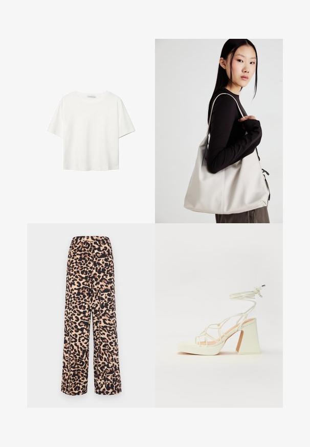 T-shirt bianco a maniche corte realizzato in cotone. Presenta un collo tondo e una vestibilità rilassata. Texture liscia senza motivi o dettagli visibili.; Pantaloni a gamba larga realizzati in tessuto morbido con stampa leopardata in beige caldo e marrone scuro, dotati di una vita elastica per il massimo comfort.; Sandalo bianco con tacco alto, caratterizzato da un design a cinturini e un legaccio alla caviglia. Texture liscia con una piattaforma frontale per un'altezza aggiuntiva.; Borsa a mano beige realizzata in materiale morbido, caratterizzata da un design morbido, dettagli cuciti e due manici. Adatta per l'uso quotidiano.