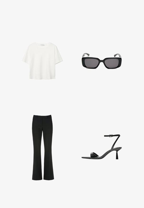 Weißes T-Shirt mit kurzen Ärmeln aus Baumwolle. Hat einen Rundhalsausschnitt und eine lockere Passform. Glatte Textur ohne sichtbare Muster oder Akzente.; Schwarze Hose mit ausgestelltem Bein-Design, gefertigt aus glattem Stoff, mit einem vorderen Knopfverschluss und subtilen, genähten Falten.; Bershka High Heel Sandalette - black; Schwarze rechteckige Sonnenbrille mit dunklen Gläsern, glattem Kunststoffrahmen und gebogenen Bügeln. Das Design ist klobig mit einer minimalistischen Ästhetik.