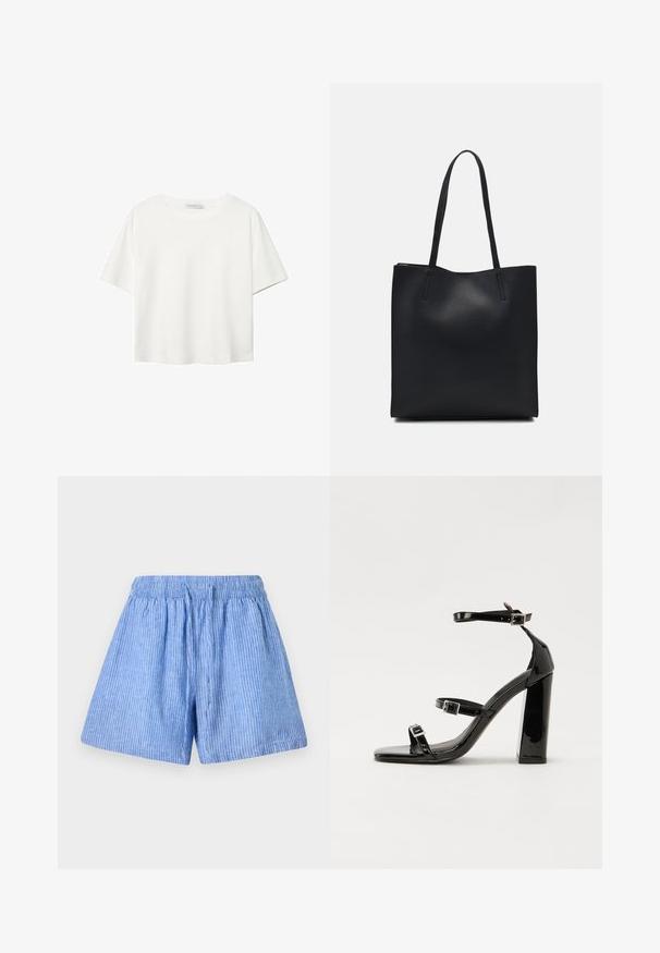 Valkoinen lyhythihainen T-paita, joka on tehty puuvillasta. Siinä on pyöreä kaula-aukko ja rento malli. Silkkinen pinta ilman näkyviä kuvioita tai koristeita.; Vaaleansiniset puuvillahousut, joissa on pystysuorat valkoiset raidat. Mukana joustava vyötärö ja löysä, rento istuvuus.; Musta kiiltävä korkokenkä sandaalit neliönmuotoisella varpaalla, nilkkaremmillä ja hopeisilla soljilla. Varustettu tukevalla lohkokorkealla vakauden takaamiseksi.; Mustapahkainen kangaskassi, jossa on sileä pinta, suorakaiteen muotoinen ja kaksi pitkää kahvaa. Ei näkyvää metalliosaa tai koristeita.