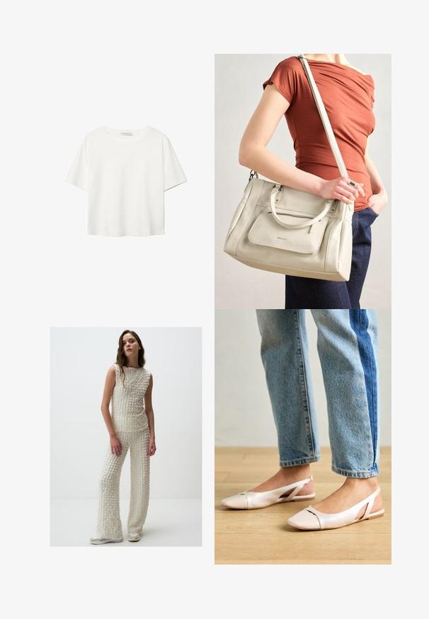 T-shirt bianco a maniche corte realizzato in cotone. Presenta un collo tondo e una vestibilità rilassata. Texture liscia senza motivi o dettagli visibili.; Completo lavorato a maglia bianco con texture, composto da un top senza maniche e pantaloni a gamba larga. Il tessuto presenta un motivo in rilievo, abbinato a calzature di colore chiaro.; Ballerine slingback rosa pallido con punta affusolata, realizzate in un materiale simile alla pelle liscio. Presentano dettagli a taglio sui lati e un tacco piatto.; Borsa a tracolla bianca in pelle con doppi manici e tracolla staccabile, dotata di una tasca con zip frontale e texture liscia. Portata al braccio di una persona.