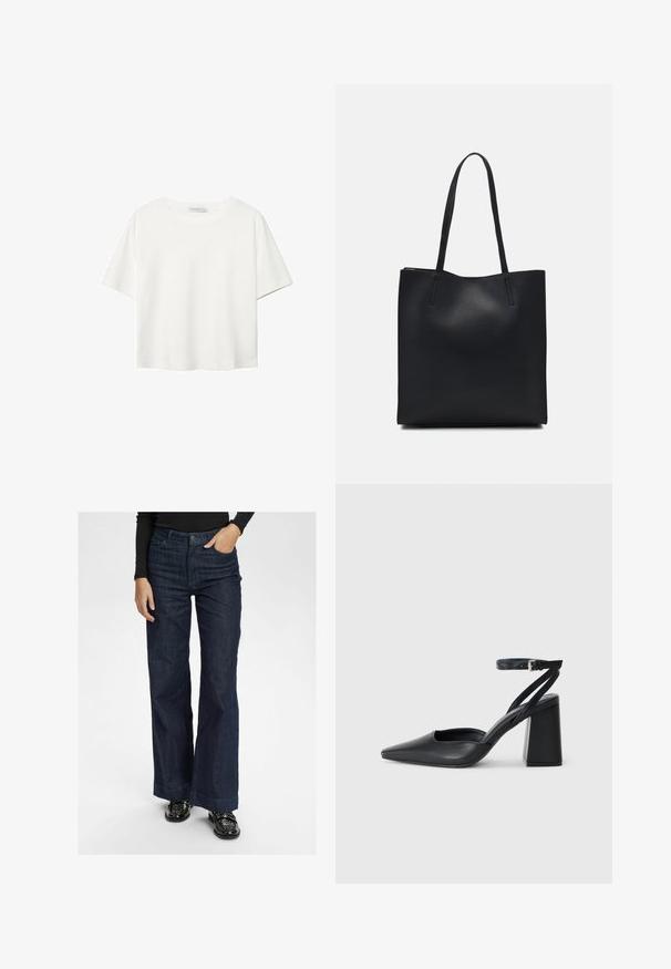 Bela kratka majica s kratkimi rokavi iz bombaža. Ima okroglo izrezovanje in sproščen kroj. Gladka tekstura brez vidnih vzorcev ali poudarkov.; Temno modre bell-bottom kavbojke z visoko pasom, s sprednjim gumbom in dvema stranskima žepoma. Gladka tekstura in širok kroj nog. ; Črne usnjene klasične čevlje z ostrim nosom, z zaponko za gleženj in debelim peto. Ravna tekstura, eleganten dizajn in minimalistična estetika.; Črna usnjena torba s svilnato teksturo, pravokotne oblike in dvema dolgima ročajema. Brez vidnih metalnih delov ali okrasnih elementov.