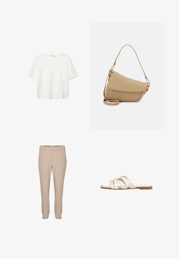 Biela krátkopsová tričko vyrobené z bavlny. Má okrúhly výstrih a voľný strih. Hladká textúra bez viditeľných vzorov alebo akcentov.; Béžové tailored nohavice so slim fit strihom, s bočnými vreckami a zipsovými detailmi na leme, vyrobené z hladkej, ľahkej tkaniny.; Ploché sandále s hnedou gumovou podrážkou, navrhnuté s tromi prekrývajúcimi sa bielymi koženými popruhmi a malou mašličkou uprostred.; Even&Odd Kabelka - beige