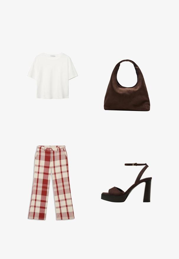 T-shirt bianco a maniche corte realizzato in cotone. Presenta un collo tondo e una vestibilità rilassata. Texture liscia senza motivi o dettagli visibili.; Thinking Mu HERMIONE - Pantaloni - red; Sandal in camoscio marrone con tacco alto, punta aperta, cinturino alla caviglia regolabile e suola a piattaforma striata.; Borsa hobo di un morbido marrone con una sola tracolla larga e un'apertura a manico curvo, esposta su uno sfondo bianco.