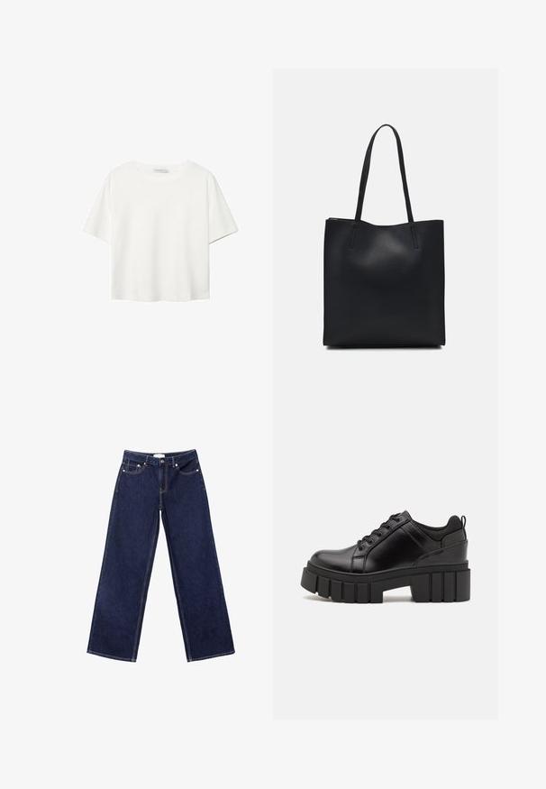 T-shirt bianco a maniche corte realizzato in cotone. Presenta un collo tondo e una vestibilità rilassata. Texture liscia senza motivi o dettagli visibili.; Jeans a gamba larga di denim blu scuro, con cuciture a contrasto, design a cinque tasche e chiusura con bottoni.; Scarpe platform in pelle nera con tacco a blocco robusto, punta rotonda e design tradizionale con lacci. Presentano una superficie liscia e dettagli minimi.; Borsa tote in pelle nera con texture liscia, forma rettangolare e due manici lunghi. Nessun hardware o decorazione visibile.