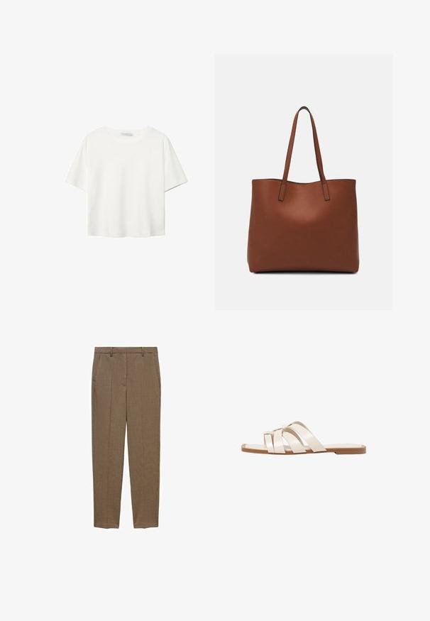 Bijela majica kratkih rukava od pamuka. Ima okrugli izrez i opušteni kroj. Glatka tekstura bez vidljivih uzoraka ili naglasaka.; Smešane smeđe karo hlače s krojem koji naglašava figure, s ravnim prednjim dijelom, bočnim džepovima i glatkom teksturom. Klasičan dizajn za svestrano stiliziranje.; Ravne sandale s smeškom od gume, dizajnirane s tri preklapajuće bele kožne trake i malim detaljem mašne u sredini.; Smeđa kožna torba preko ramena s glatkom teksturom, otvorenim vrhom i dvjema naramenicama. Ima minimalne šavove i nema vidljivog hardvera.