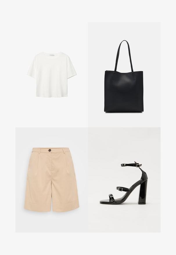 Bela kratka majica s kratkimi rokavi iz bombaža. Ima okroglo izrezovanje in sproščen kroj. Gladka tekstura brez vidnih vzorcev ali poudarkov.; Bež pametne kratke hlače iz bombaža, ki imajo oblikovan dizajn, z gumbom za zapiranje, sprednjimi gubami in zvitim robom za dodatne podrobnosti in strukturo.; Črne lakirane sandale s peto, kvadratnim prstom, trakovi okrog gležnja in srebrnimi zaponkami. Opremljene so s stabilno Debelo peto.; Črna usnjena torba s svilnato teksturo, pravokotne oblike in dvema dolgima ročajema. Brez vidnih metalnih delov ali okrasnih elementov.