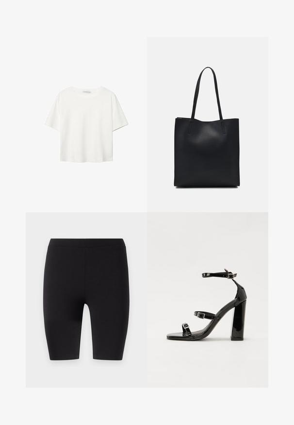 Bílý krátký rukáv tričko vyrobené z bavlny. Má kulatý výstřih a volný střih. Hladký materiál bez viditelných vzorů nebo akcentů.; Černé legíny po kolena vyrobené z pružného materiálu. Mají hladký povrch a široký elastický pás pro pohodlí a komfortní nošení.; Černé lakované sandály na podpatku se čtveratou špičkou, lýtkovými pásky a stříbrnými přezkami. Disponují masivním blokovým podpatkem pro stabilitu.; Černá kožená taška přes rameno s hladkým povrchem, obdélníkovým tvarem a dvěma dlouhými uchy. Žádné viditelné kování ani ozdoby.