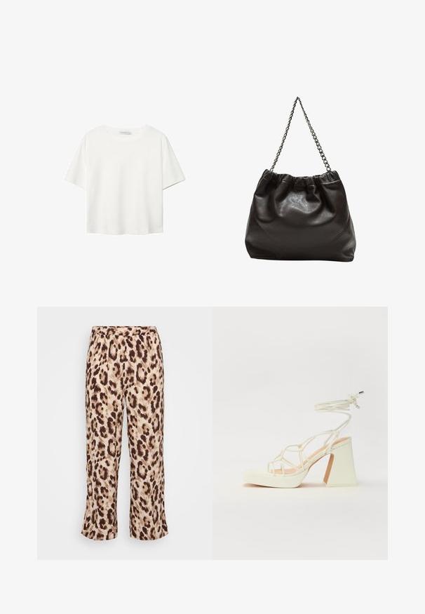 White short-sleeve t-shirt made of cotton. Features a crew neckline and a relaxed fit. Smooth texture with no visible patterns or accents.; Leopard-print pants with an elastic waistband, featuring a blend of beige and brown hues. Fabric has a smooth texture; cropped leg design.; White high-heeled sandal with a chunky heel, featuring a strappy design and ankle tie. Smooth texture with a platform front for added height.; Brown leather bag with a gathered top and a chain strap. Smooth texture with a glossy finish and subtle seam detailing on the sides.