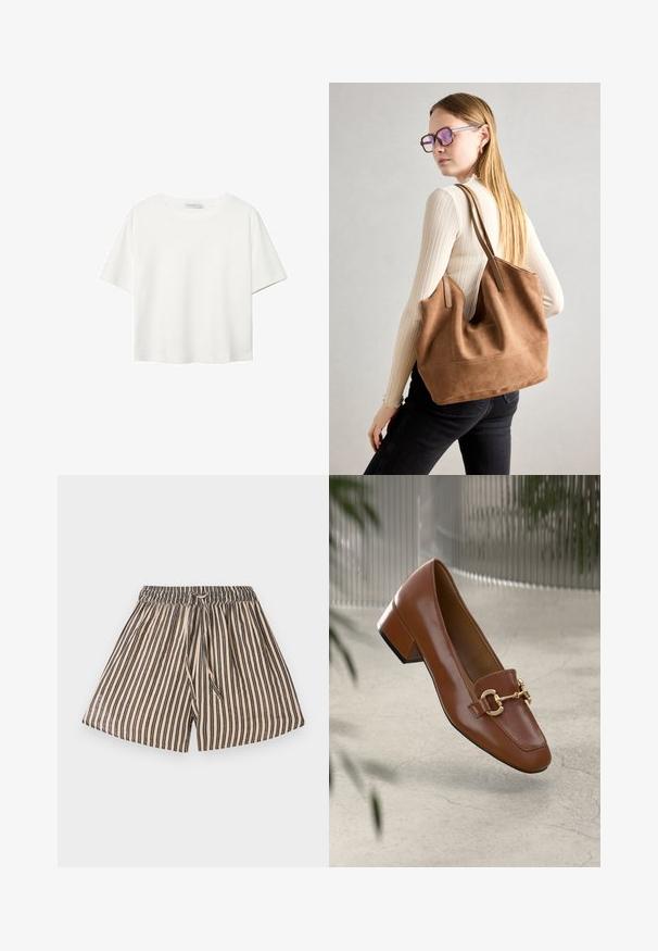Bela kratka majica s kratkimi rokavi iz bombaža. Ima okroglo izrezovanje in sproščen kroj. Gladka tekstura brez vidnih vzorcev ali poudarkov.; Pantaloni kratki z elastičnim pasom, ki imajo vertikalne črte v bež in mornarsko modri barvi. Mehka tkanina, sproščen dizajn in sprednja vezava.; Rjavi lakirani loafer z kvadratnim nosom, kovinsko verigo kot okrasom in nizko blok podplatom; gladka tekstura, minimalističen dizajn.; Rjava semišna torba z mehko teksturo, velikim odprtjem in dolgimi ročaji. Ima preprost dizajn z vidnim šivanjem in brez okovja.