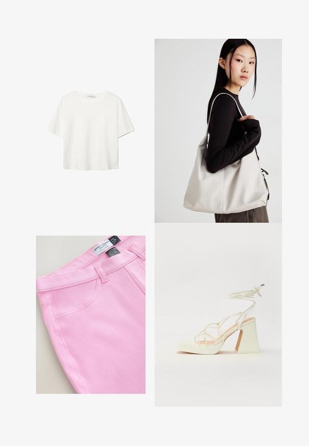 Biela krátkopsová tričko vyrobené z bavlny. Má okrúhly výstrih a voľný strih. Hladká textúra bez viditeľných vzorov alebo akcentov.; Krátke ružové legíny z jersey materiálu s hladkou textúrou, štandardným pásom a bočnými vreckami. Na štítku sú uvedené veľkosť a značka.; Biele sandále na vysokom opätku s hrubým podpätkom, s pruhovaným dizajnom a viazaním na členku. Hladký povrch s platformou vpredu pre zvýšenú výšku.; Béžová kabelka vyrobená z mäkkého materiálu, s uvoľneným dizajnom, prišitými detailmi a dvoma popruhmi na nosenie na pleciach. Vhodná na každodenné nosenie.