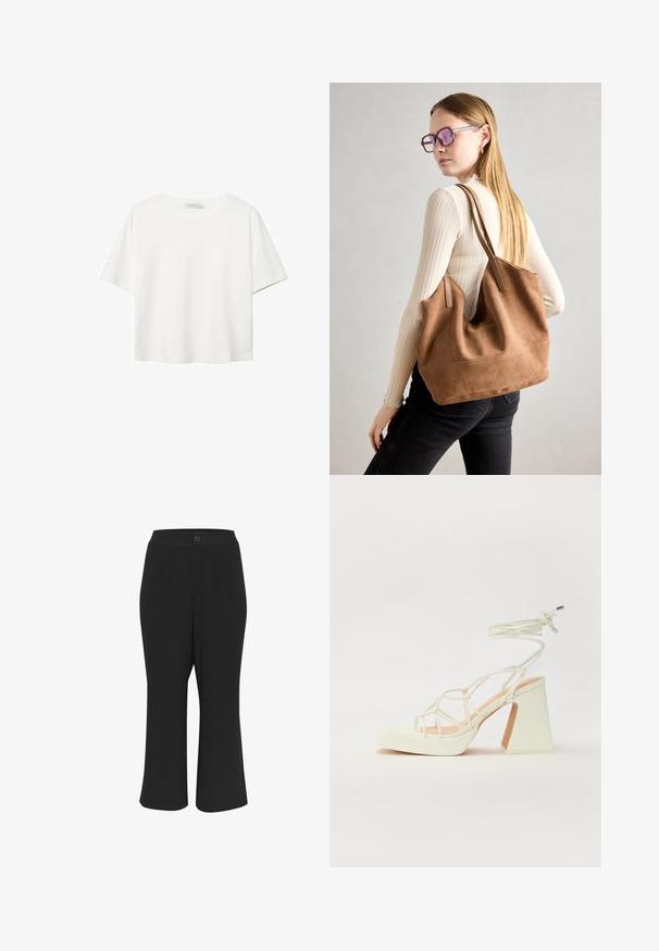 Bela kratka majica s kratkimi rokavi iz bombaža. Ima okroglo izrezovanje in sproščen kroj. Gladka tekstura brez vidnih vzorcev ali poudarkov.; Črne kratke hlače z gladko teksturo, z gumbom za zapiranje in dvema sprednjima žepoma. Oblikovanje ima raven kroj in minimalne detajle.; Bela sandala na visokih petah s debelim petam, ki ima obliko trakcev in vezanje okoli gležnja. Gladka tekstura z platformo spredaj za dodatno višino.; Rjava semišna torba z mehko teksturo, velikim odprtjem in dolgimi ročaji. Ima preprost dizajn z vidnim šivanjem in brez okovja.