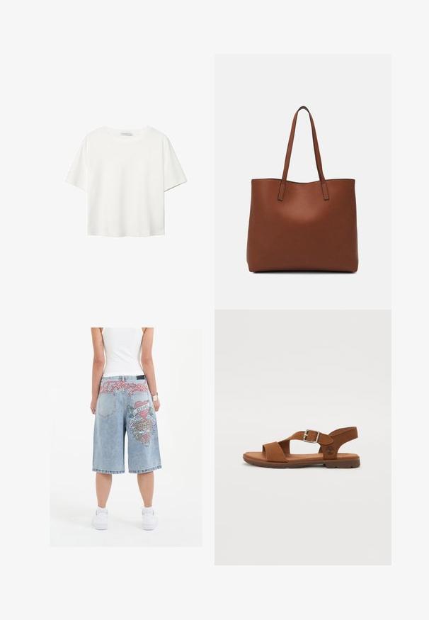 Hvid kortærmet t-shirt lavet af bomuld. Har en rund halsudskæring og en afslappet pasform. Glat tekstur uden synlige mønstre eller detaljer.; Lysblå denimshorts med løs pasform, der har farverige broderede tigermotiver og tekst på bagsiden, afsluttet med optrukne kanter.; Brune lædersandal med justerbart spænde, åben tå, polstret fodbed og gummisål. Simpelt design med et logosideelement.; Brun læder tote taske med en glat overflade, åben topdesign og to skulderremme. Har minimal syning og ingen synlig hardware.