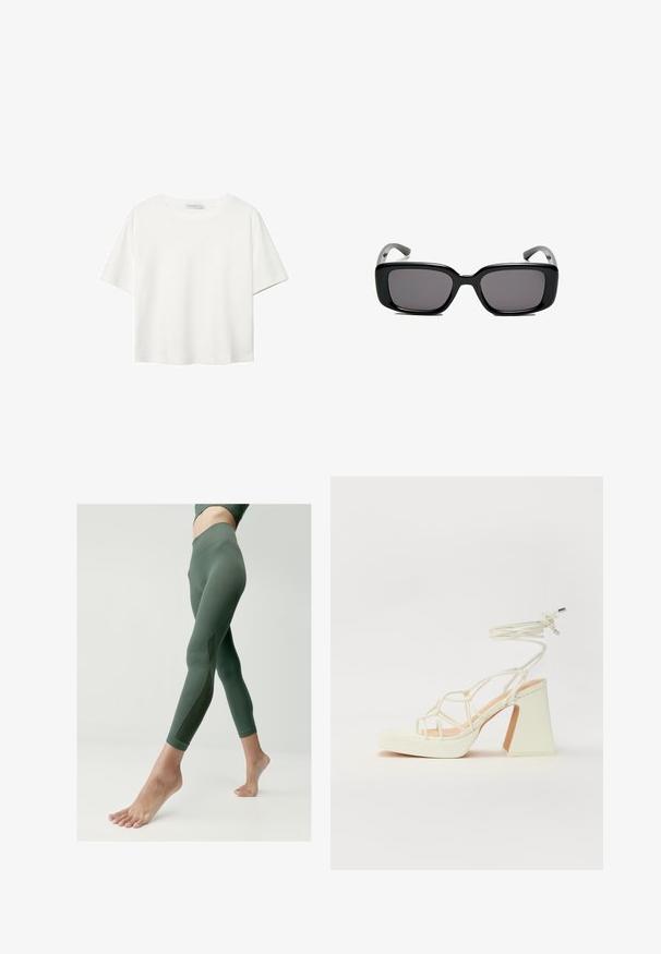 Vit t-shirt med kort ärm i bomull. Har en rundad halsringning och en avslappnad passform. Slät textur utan synliga mönster eller detaljer.; Gröna leggings i stretchtyg, med hög midja, geometriska sömmar och halv-lång längd med en slät yta.; Vit högklackad sandal med en kraftig klack, med ett remdesign och ankelband. Slät textur med en plattform framtill för ökad höjd.; Svarta rektangulära solglasögon med mörka linser, slimmad plastbåge och böjda tempel. Designen är kraftig med en minimalistisk estetik.