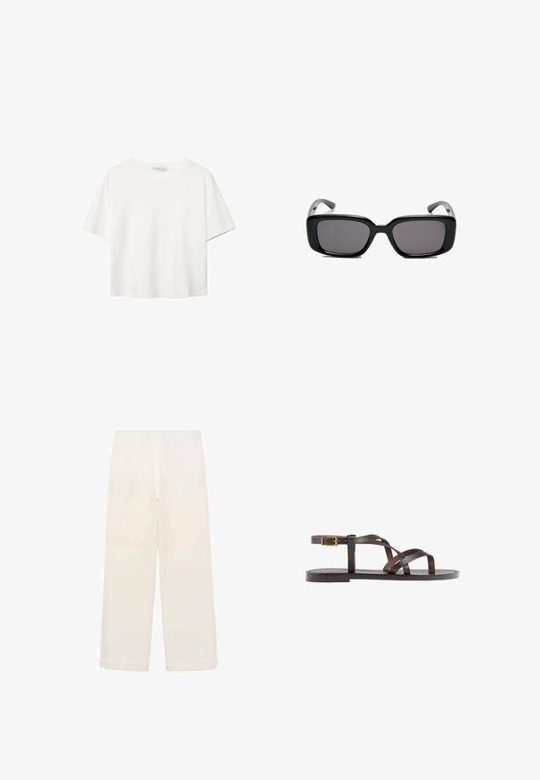 White short-sleeve t-shirt made of cotton. Features a crew neckline and a relaxed fit. Smooth texture with no visible patterns or accents.; Wide-leg trousers in cream fabric. Smooth texture with an elastic waistband. No visible seams or hardware. Simple, minimalist design.; Brown leather sandal featuring crisscross straps, an ankle buckle closure, and a flat sole with minimal stitching details.; Black rectangular sunglasses with dark lenses, smooth plastic frame, and curved temples. The design is chunky with a minimalist aesthetic.