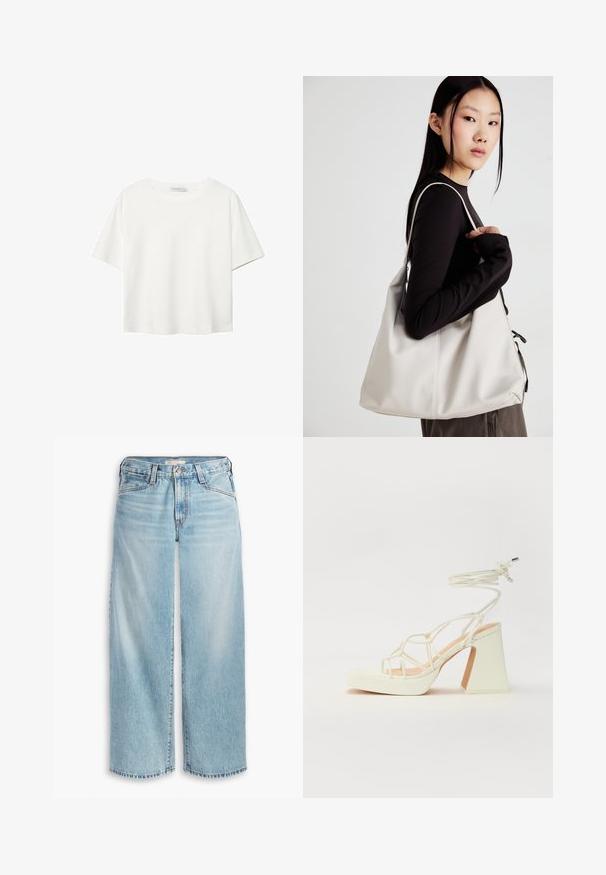 Bijela majica kratkih rukava od pamuka. Ima okrugli izrez i opušteni kroj. Glatka tekstura bez vidljivih uzoraka ili naglasaka.; Svijetloplave široke traperice od denima, s visokim strukom, dugmadi na prednjem dijelu i izrezanim rubom. Vidljive šavove i džepove.; Bijela sandala na visokoj potpetici s debelim petom, s remenom i vezanjem oko gležnja. Glatka tekstura s platformom sprijeda za dodatnu visinu.; Bežna torba od mekog materijala s opuštenim dizajnom, šivanim detaljima i dva remena za rame. Pogodna za svakodnevnu upotrebu.