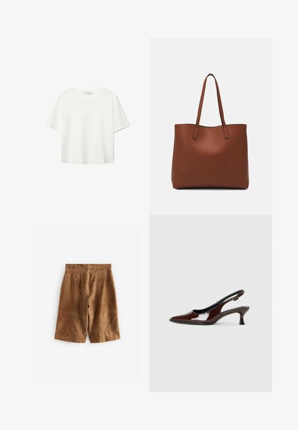 Bela kratka majica s kratkimi rokavi iz bombaža. Ima okroglo izrezovanje in sproščen kroj. Gladka tekstura brez vidnih vzorcev ali poudarkov.; Rjavi semi šorts s sproščenim krojem, z diskretnimi detajli šivov in srednje visokim pasom. Gladka tekstura brez vidne strojne opreme.; Rjavi lakirani slingback čevelj z ostro konico in zmerno peto. Ima zaponko za varno prileganje. Gladka tekstura.; Rjava usnjena torba z gladko teksturo, odprto zasnovo zgoraj in dvema naramnima trakovoma. Opremljena je z minimalnim šivanjem in brez vidnih kovinskih delov.