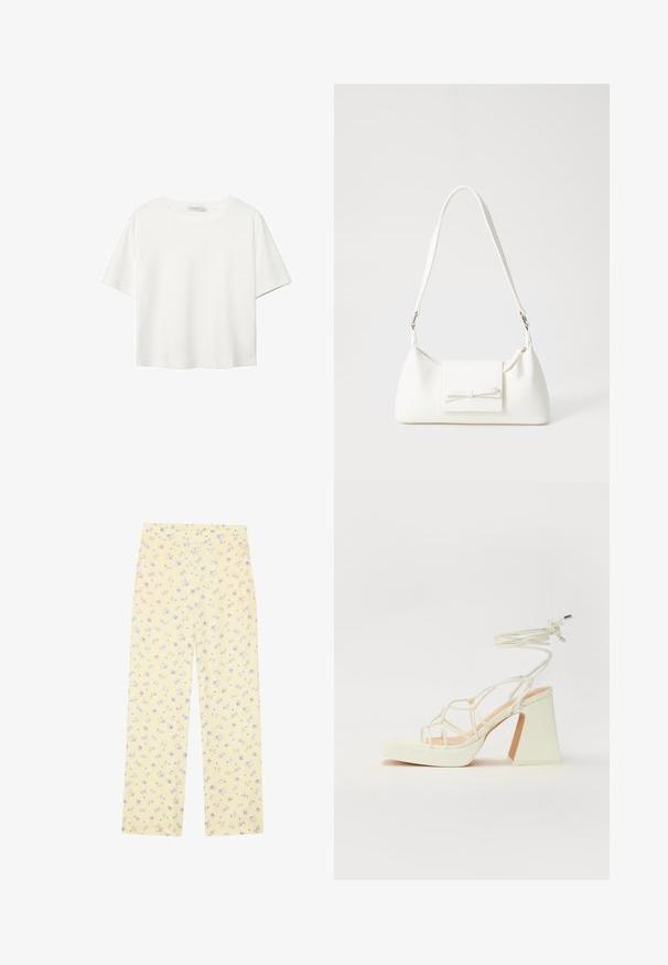 Valkoinen lyhythihainen T-paita, joka on tehty puuvillasta. Siinä on pyöreä kaula-aukko ja rento malli. Silkkinen pinta ilman näkyviä kuvioita tai koristeita.; Vaaleankeltaiset leveät housut, joissa on sininen kukkakuosi. Kuminauha vyötäröllä, pehmeä kangas ja suora leikkaus, joka on suunniteltu mukavuutta varten.; Valkoinen korkokenkä, jossa on paksu korko, ja joka sisältää nauhakiinnityksen ja nilkkaketjun. Sujuva pinta, jossa on platform-etupohja lisäkorkeutta varten.; Valkoinen synteettinen käsilaukku, jossa on kolmikulmainen muoto, tasainen etu läppä ja nauhadetail, säädettävä olkahihna, sileä rakenne ja minimalinen muotoilu.
