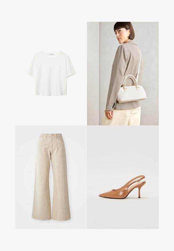 Valkoinen lyhythihainen T-paita, joka on tehty puuvillasta. Siinä on pyöreä kaula-aukko ja rento malli. Silkkinen pinta ilman näkyviä kuvioita tai koristeita.; Beige leveled jeans, jotka on valmistettu denimistä, korkea vyötärö, etutaskut ja yksinkertainen muotoilu ilman kuvioita tai koristeita.; Korkokenkä, jossa on terävä kärki ja avonainen kanna, valmistettu sileästä, kiiltävästä ruskeasta materiaalista. Sisältää kaarevan leikkuun muotoilun ja hoikan stilettokannan. Hopeinen solkiyksityiskohta.; Valkoinen rakenteellinen käsilaukku, jossa on lyhyet kahvat ja olkahihna, varustettu kultaisilla metalliosilla ja tekstuurilla, esillä harmaata taustaa vasten.