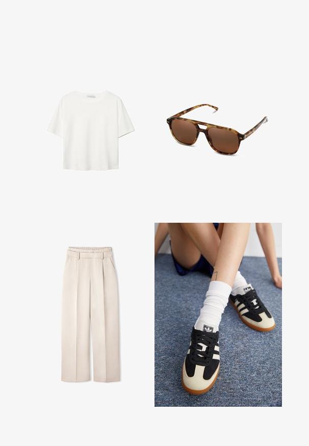 Weißes T-Shirt mit kurzen Ärmeln aus Baumwolle. Hat einen Rundhalsausschnitt und eine lockere Passform. Glatte Textur ohne sichtbare Muster oder Akzente.; Beige weite Hose mit gefaltetem Bund, Falten an der Vorderseite, zwei Seitentaschen und einem glatten, leicht strukturierten Stofffinish.; Schwarz-weiße Sportschuhe mit einem Obermaterial aus Wildleder und Leder, ausgestattet mit drei weißen Streifen und einer Gummisohle. Paar mit weißen Socken getragen.; Schildpatt-Sonnenbrille mit braunen Gläsern, rechteckiger Form und dünnen Bügeln. Verfügt über subtile metallische Akzente im Gestell.; Schwarze Nylon-Tote-Tasche mit braunen Lederakzenten und -griffen. Verfügt über einen Druckverschluss und eine Fronttasche mit einem Logo-Detail.