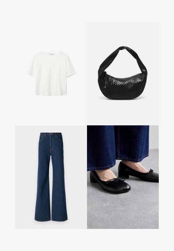 Weißes T-Shirt mit kurzen Ärmeln aus Baumwolle. Hat einen Rundhalsausschnitt und eine lockere Passform. Glatte Textur ohne sichtbare Muster oder Akzente.; Abercrombie & Fitch Jeans Relaxed Fit - rinse; Schwarze Lederschuhe mit quadratischer Schuhspitze und kleinem Absatz, ausgestattet mit einer dekorativen Schleife an der Vorderseite. Kombiniert mit dunklen Jeanshosen.; Schwarze geflochtene Ledertasche mit einer geschwungenen Form, ausgestattet mit einem dicken Griff und einem Reißverschlussverschluss. Texturierte Oberfläche mit glänzender Optik.
