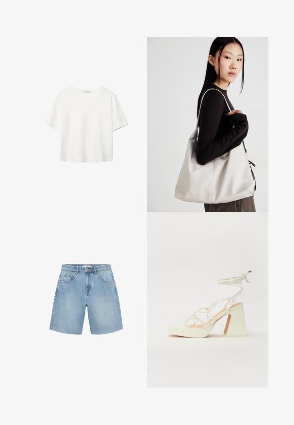 Bela kratka majica s kratkimi rokavi iz bombaža. Ima okroglo izrezovanje in sproščen kroj. Gladka tekstura brez vidnih vzorcev ali poudarkov.; Svijetloplave traper šortseve s visokim strukom, dva prednja džepa i poderani rub. Imaju klasičan dizajn s minimalnim hardverom.; Bela sandala na visokih petah s debelim petam, ki ima obliko trakcev in vezanje okoli gležnja. Gladka tekstura z platformo spredaj za dodatno višino.; Bežna torbica iz mehkega materiala, z ohlapno zasnovo, šivi in dvema naramnicama. Primerna za vsakodnevno uporabo.