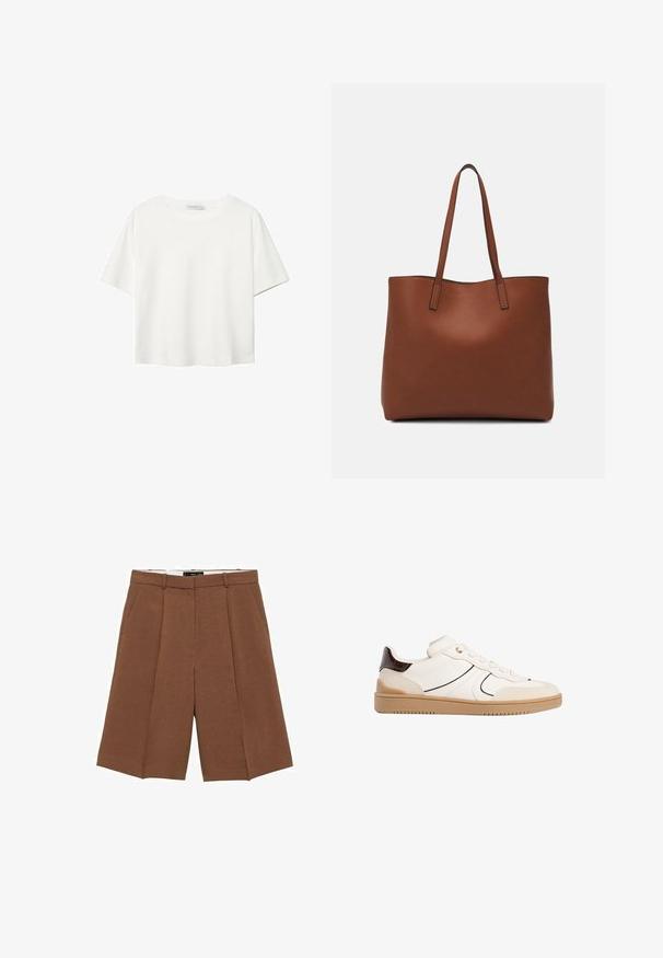 Bela kratka majica s kratkimi rokavi iz bombaža. Ima okroglo izrezovanje in sproščen kroj. Gladka tekstura brez vidnih vzorcev ali poudarkov.; Rjave prirejene kratke hlače iz mehke tkanine, z visokim pasom, ravnim sprednjim delom, dvema stranskima žepoma in ohlapnim, širokim krojem.; Stradivarius Športni copati - white; Rjava usnjena torba z gladko teksturo, odprto zasnovo zgoraj in dvema naramnima trakovoma. Opremljena je z minimalnim šivanjem in brez vidnih kovinskih delov.