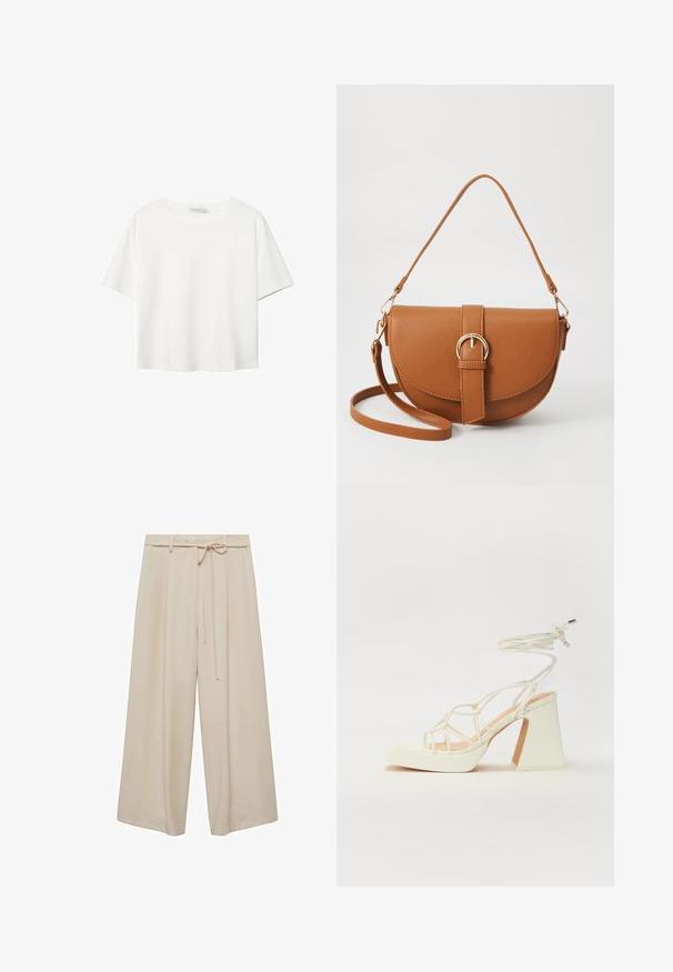 Vit t-shirt med kort ärm i bomull. Har en rundad halsringning och en avslappnad passform. Slät textur utan synliga mönster eller detaljer.; Beiga vida byxor tillverkade av ett jämnt tyg, med knytmidja, veck och en lös passform för komfort och rörelsefrihet.; Vit högklackad sandal med en kraftig klack, med ett remdesign och ankelband. Slät textur med en plattform framtill för ökad höjd.; Brun läder crossbody-väska med en böjd form, gyllene detaljer och en spänneaccent. Har en avtagbar axelrem.