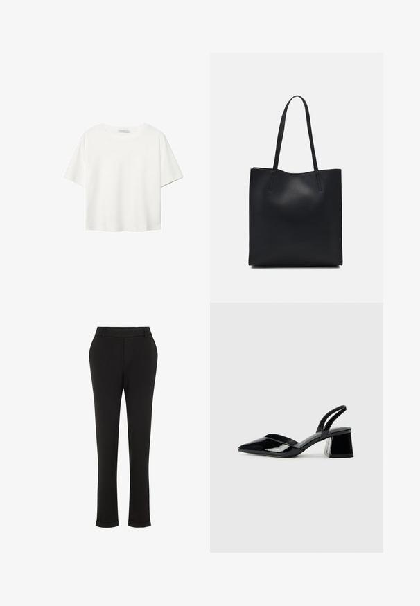 Biała koszulka z krótkim rękawem, wykonana z bawełny. Posiada okrągły dekolt i luźny krój. Gładka faktura bez widocznych wzorów czy akcentów.; Czarne spodnie o dopasowanym kroju, wykonane z gładkiego materiału; charakteryzują się prostymi nogawkami, paskami oraz podwiniętymi mankietami u dołu.; Czarne lakierowane półbuty na obcasie z wydłużonym noskiem i geometrycznym słupkiem. Charakteryzują się eleganckim, minimalistycznym designem oraz gładką fakturą.; Czarna skórzana torba tote o gładkiej fakturze, prostokątnym kształcie i dwóch długich uchwytach. Brak widocznych elementów metalowych i ozdób.