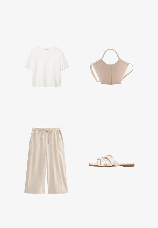 White short-sleeve t-shirt made of cotton. Features a crew neckline and a relaxed fit. Smooth texture with no visible patterns or accents.; Beige linen culottes with an elastic waistband, adjustable drawstring, side pockets, and a relaxed wide-leg silhouette.; Flat sandals with a tan rubber sole, designed with three overlapping white leather straps and a small bow detail at the center.; Beige leather handbag with a unique shape, featuring two short handles and a long adjustable strap. Smooth texture with minimal hardware.