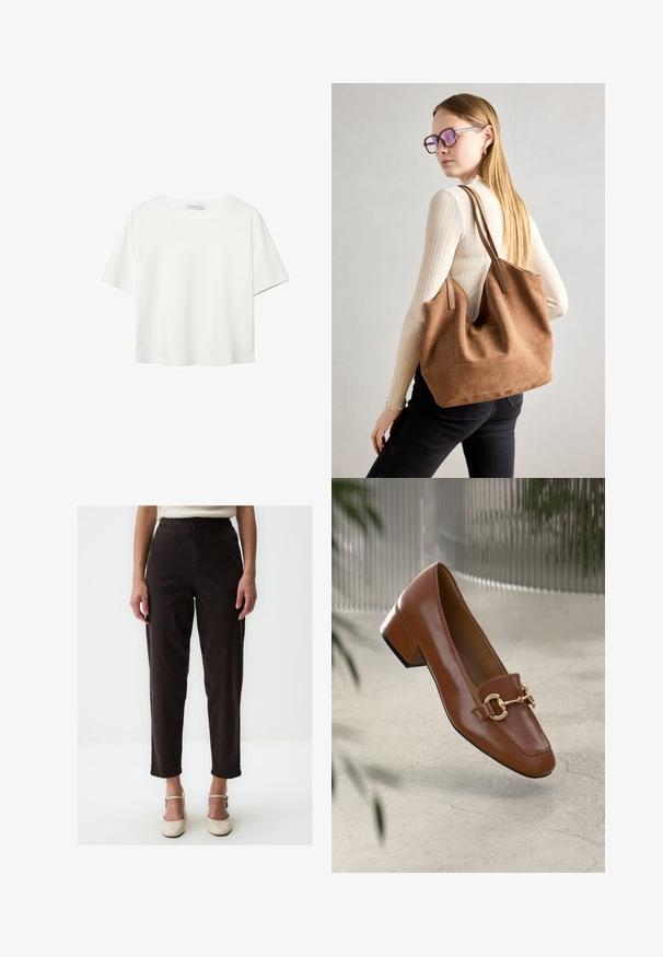 Biała koszulka z krótkim rękawem, wykonana z bawełny. Posiada okrągły dekolt i luźny krój. Gładka faktura bez widocznych wzorów czy akcentów.; Czarne, wysokie spodnie z prostymi nogawkami, z przednimi kieszeniami, z zapięciem na guzik i subtelnymi detalami w szwie.; Brązowe lakierowane mokasyny z kwadratowym noskiem, metalowym łańcuszkiem i niskim blokowym obcasem; gładka faktura, minimalistyczny design.; Brązowa torebka typu tote wykonana z zamszu o miękkiej teksturze, z dużym otwarciem i długimi paskami. Charakteryzuje się prostym designem z widocznymi szwami i bez elementów metalowych.