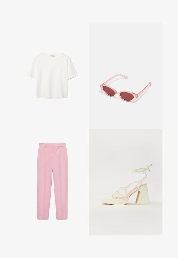 Bijela majica kratkih rukava od pamuka. Ima okrugli izrez i opušteni kroj. Glatka tekstura bez vidljivih uzoraka ili naglasaka.; Svijetloružične hlače od teksturiranog materijala, s ravnim nogavicama, petljama za remen i prednjim bočnim džepovima. Nema vidljivih uzoraka.; Bijela sandala na visokoj potpetici s debelim petom, s remenom i vezanjem oko gležnja. Glatka tekstura s platformom sprijeda za dodatnu visinu.; Ružičaste prozirne sunčane naočale s ovalnim staklima, tamnocrvenim tonom i tankim drškama, s glatkom površinom i suptilnim detaljima na okviru.