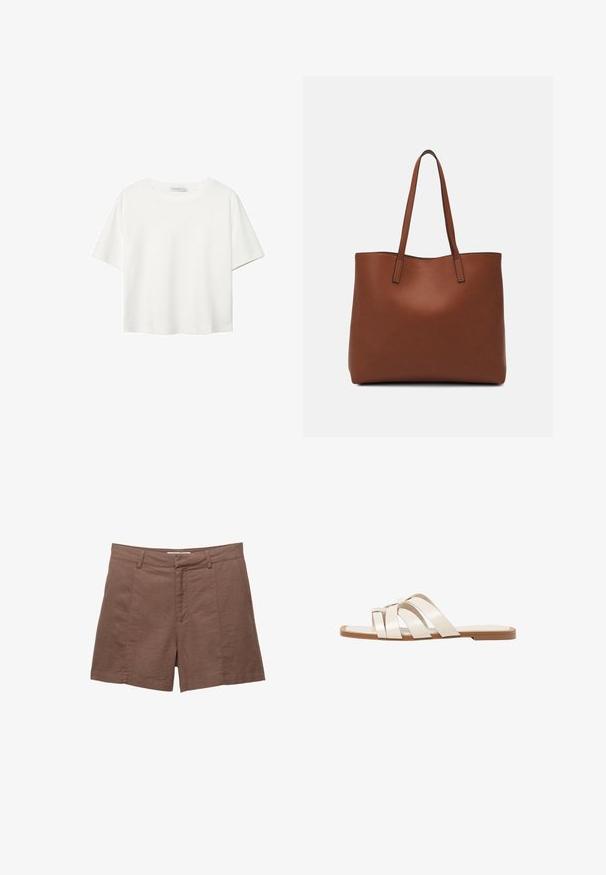 Bijela majica kratkih rukava od pamuka. Ima okrugli izrez i opušteni kroj. Glatka tekstura bez vidljivih uzoraka ili naglasaka.; Smeđe lanene kratke hlače s ravnim prednjim dijelom, dva prednja džepa i glatkom teksturom. Imaju prilagođeni kroj i ravni rub na dnu.; Ravne sandale s smeškom od gume, dizajnirane s tri preklapajuće bele kožne trake i malim detaljem mašne u sredini.; Smeđa kožna torba preko ramena s glatkom teksturom, otvorenim vrhom i dvjema naramenicama. Ima minimalne šavove i nema vidljivog hardvera.