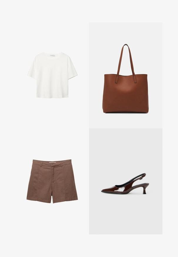 Hvid kortærmet t-shirt lavet af bomuld. Har en rund halsudskæring og en afslappet pasform. Glat tekstur uden synlige mønstre eller detaljer.; Brune linned shorts med flad front, to frontlommer og en glat tekstur. Har en skræddersyet pasform og en lige kant forneden.; Brun patenteret læder slingback sko med spids tå og en moderat hæl. Har en spænde rem for en sikker pasform. Glat tekstur.; Brun læder tote taske med en glat overflade, åben topdesign og to skulderremme. Har minimal syning og ingen synlig hardware.