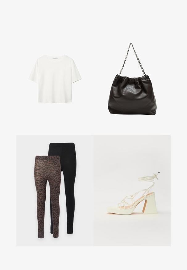 Bela kratka majica s kratkimi rokavi iz bombaža. Ima okroglo izrezovanje in sproščen kroj. Gladka tekstura brez vidnih vzorcev ali poudarkov.; Dva para leginsov: eni v enotni črni tkanini, drugi v rjavi z vzorcem črnega leopardjega tiska, z elastičnimi pasovi.; Bela sandala na visokih petah s debelim petam, ki ima obliko trakcev in vezanje okoli gležnja. Gladka tekstura z platformo spredaj za dodatno višino.; Rjava usnjena torba z nabranim vrhom in verižnim trakom. Gladka tekstura z sijajno površino in subtilnimi šivi na straneh.