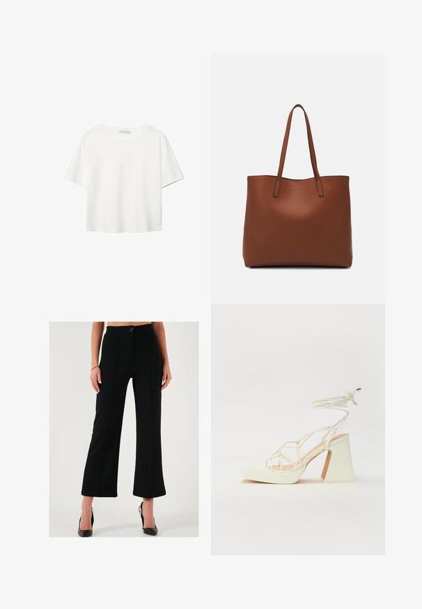 Bijela majica kratkih rukava od pamuka. Ima okrugli izrez i opušteni kroj. Glatka tekstura bez vidljivih uzoraka ili naglasaka.; Crne široke hlače s visokim strukom, prednjim kopčanjem na gumb i šavnim detaljima. Izrađene su od glatkog, čvrstog materijala.; Bijela sandala na visokoj potpetici s debelim petom, s remenom i vezanjem oko gležnja. Glatka tekstura s platformom sprijeda za dodatnu visinu.; Smeđa kožna torba preko ramena s glatkom teksturom, otvorenim vrhom i dvjema naramenicama. Ima minimalne šavove i nema vidljivog hardvera.