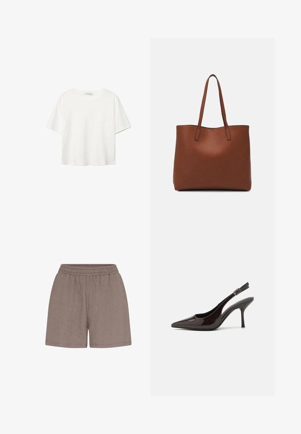 Biała koszulka z krótkim rękawem, wykonana z bawełny. Posiada okrągły dekolt i luźny krój. Gładka faktura bez widocznych wzorów czy akcentów.; Brązowe, teksturowane szorty z elastycznym pasem. Charakteryzują się luźnym krojem i prostą konstrukcją, odpowiednie do codziennego noszenia.; Sandały na obcasie typu slingback z błyszczącej ciemno-brązowej lakierowanej skóry, w szpic, z otwartymi bokami i regulowanym paskiem wokół kostki.; Brązowa skórzana torba tote o gładkiej fakturze, z otwartym wierzchem i dwoma ramiączkami. Charakteryzuje się minimalnym przeszyciem i brakiem widocznych elementów metalowych.