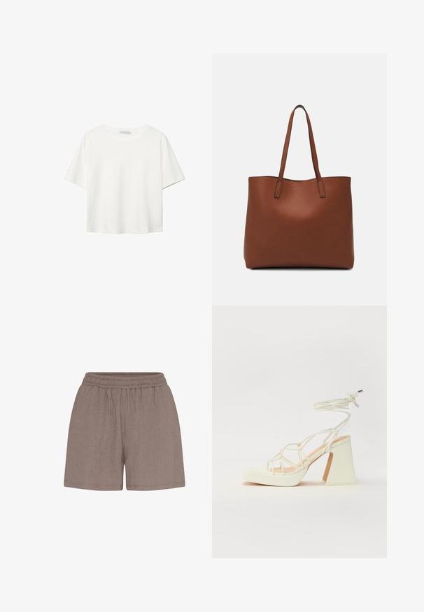 Weißes T-Shirt mit kurzen Ärmeln aus Baumwolle. Hat einen Rundhalsausschnitt und eine lockere Passform. Glatte Textur ohne sichtbare Muster oder Akzente.; Braune, strukturierte Shorts mit einem elastischen Bund. Sie verfügen über eine lockere Passform und eine schlichte Konstruktion, die sich gut für Freizeitbekleidung eignet.; Weiße High-Heel-Sandale mit einem klobigen Absatz, die über ein Riemchendesign und ein Knöchelband verfügt. Glatte Textur mit einer Plattform vorne für zusätzliche Höhe.; Braune Leder-Tote mit glatter Textur, offenem Oberteil und zwei Schulterriemen. Verfügt über minimale Nähte und keine sichtbaren Beschläge.