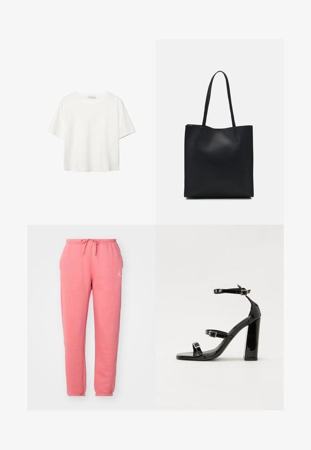 Bela kratka majica s kratkimi rokavi iz bombaža. Ima okroglo izrezovanje in sproščen kroj. Gladka tekstura brez vidnih vzorcev ali poudarkov.; Roza trenirke z elastičnim pasom in vrvico, ki vsebujejo bel logotip na levi nogi ter gladko in mehko teksturo.; Črne lakirane sandale s peto, kvadratnim prstom, trakovi okrog gležnja in srebrnimi zaponkami. Opremljene so s stabilno Debelo peto.; Črna usnjena torba s svilnato teksturo, pravokotne oblike in dvema dolgima ročajema. Brez vidnih metalnih delov ali okrasnih elementov.