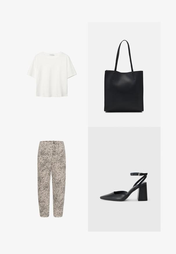 T-shirt blanc à manches courtes en coton. Doté d'un col ras du cou et d'une coupe décontractée. Texture lisse sans motifs ni accents visibles.; Pantalons à imprimé léopard avec un fond beige, dotés d'une taille élastique, de jambes droites et d'une texture de tissu douce.; Escarpin noir en cuir à bout pointu avec une bride de cheville et un talon épais. Texture lisse, design élégant et esthétique minimaliste.; Sac fourre-tout en cuir noir avec une texture lisse, de forme rectangulaire et deux longues poignées. Pas de matériel ou d'ornementations visibles.