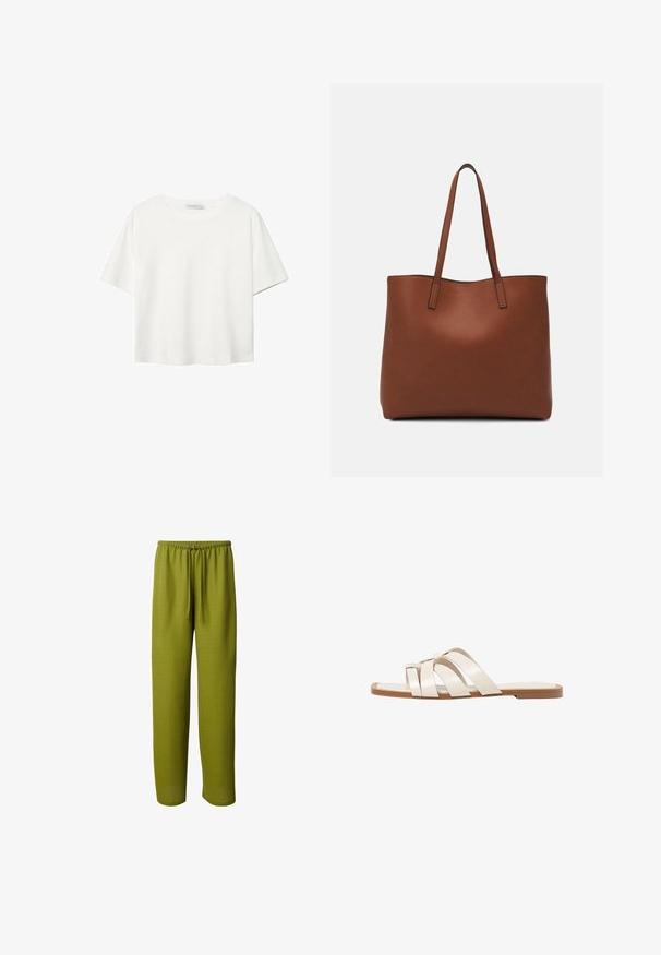 Weißes T-Shirt mit kurzen Ärmeln aus Baumwolle. Hat einen Rundhalsausschnitt und eine lockere Passform. Glatte Textur ohne sichtbare Muster oder Akzente.; Grüne, locker sitzende Hose mit elastischem Bund und Kordelzug. Weicher Stoff und gerades Bein Design ohne sichtbare Muster oder Akzente.; Flache Sandalen mit einer honigfarbenen Gummisohle, gestaltet mit drei überlappenden weißen Lederriemen und einem kleinen Schleifendetail in der Mitte.; Braune Leder-Tote mit glatter Textur, offenem Oberteil und zwei Schulterriemen. Verfügt über minimale Nähte und keine sichtbaren Beschläge.