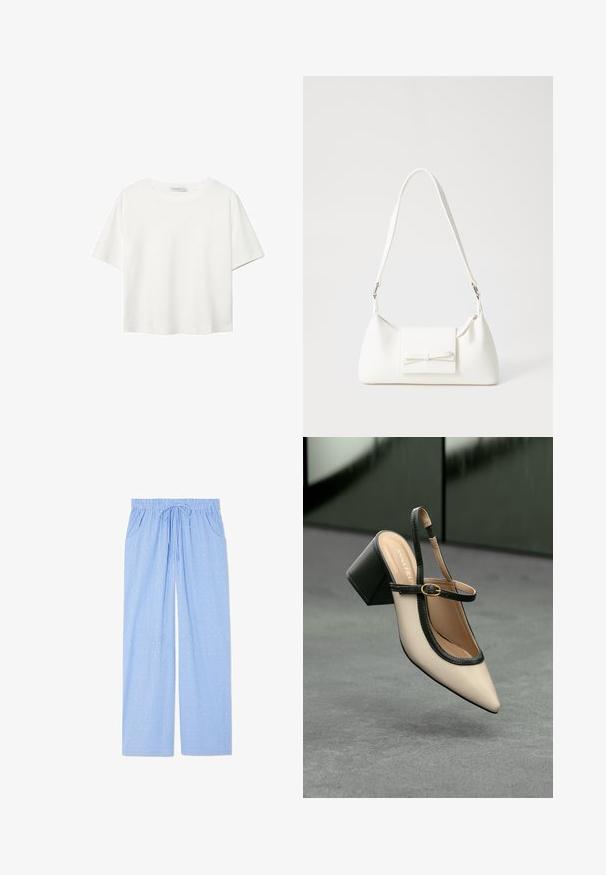 Biela krátkopsová tričko vyrobené z bavlny. Má okrúhly výstrih a voľný strih. Hladká textúra bez viditeľných vzorov alebo akcentov.; Modré pyžamové nohavice s vertikálnym pruhovaným vzorom a malými geometrickými dizajnmi. Majú elastický pás s šnúrkou a bočné vrecká.; Béžová lodička so špicatou špičkou, s čiernym lemom, zlatou prackou a robustným blokovým podpätkom na šedom podlahe s tmavozeleným pozadím.; Biela syntetická kabelka s trojuholníkovým tvarom, plochým predným klapkou a detailom mašle, nastaviteľným popruhom, hladkou textúrou a minimalistickým dizajnom.