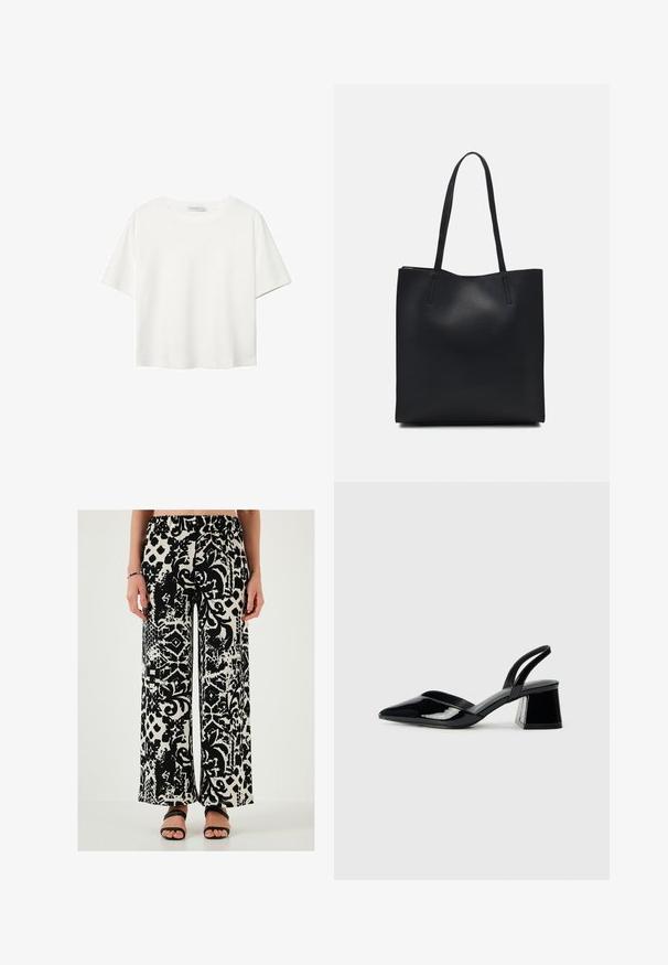 Bela kratka majica s kratkimi rokavi iz bombaža. Ima okroglo izrezovanje in sproščen kroj. Gladka tekstura brez vidnih vzorcev ali poudarkov.; Črno-bele široke hlače z vzorcem, opremljene z elastičnim pasom in teksturirano tkanino, ki vsebuje abstraktne vzorce in živalske odtise.; Črne lakirane slingback pete s koničastim nosom in geometrijsko blokasto peto. Imajo eleganten, minimalističen dizajn in gladko teksturo.; Črna usnjena torba s svilnato teksturo, pravokotne oblike in dvema dolgima ročajema. Brez vidnih metalnih delov ali okrasnih elementov.