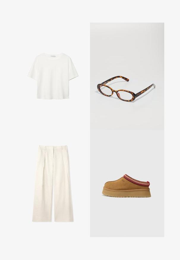 Biela krátkopsová tričko vyrobené z bavlny. Má okrúhly výstrih a voľný strih. Hladká textúra bez viditeľných vzorov alebo akcentov.; Svetlo béžové široké nohavice vyrobené z textúrovaného materiálu, s prednými záhybmi, plochým pásom a bez viditeľného hardvéru alebo akcentov.; Hnedá semišová obuv na slip-on s červeným a krémovým vzorovaným lemovaním, textúrovanou podrážkou a logom UGG na boku. Obsahuje mierne zvýšenú platformu.; Korytnačie okuliare s oválnymi šošovkami, so lesklým povrchom, štíhlymi ramenami a jemnými vzormi pripomínajúcimi tigerie pruhy.