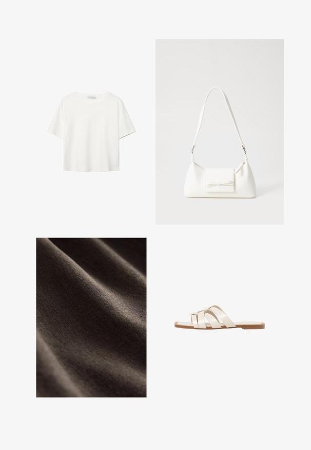 Bijela majica kratkih rukava od pamuka. Ima okrugli izrez i opušteni kroj. Glatka tekstura bez vidljivih uzoraka ili naglasaka.; Tamno smeđi materijal s glatkom, teksturiranom površinom koja sadrži suptilne bore i meki, mat izgled. Idealan za razne tekstilne primjene.; Ravne sandale s smeškom od gume, dizajnirane s tri preklapajuće bele kožne trake i malim detaljem mašne u sredini.; Bijela sintetička torbica s trokutastim oblikom, ravnim prednjim poklopcem i detaljem u obliku mašne, podesivom remenom, glatkom teksturom i minimalističkim dizajnom.
